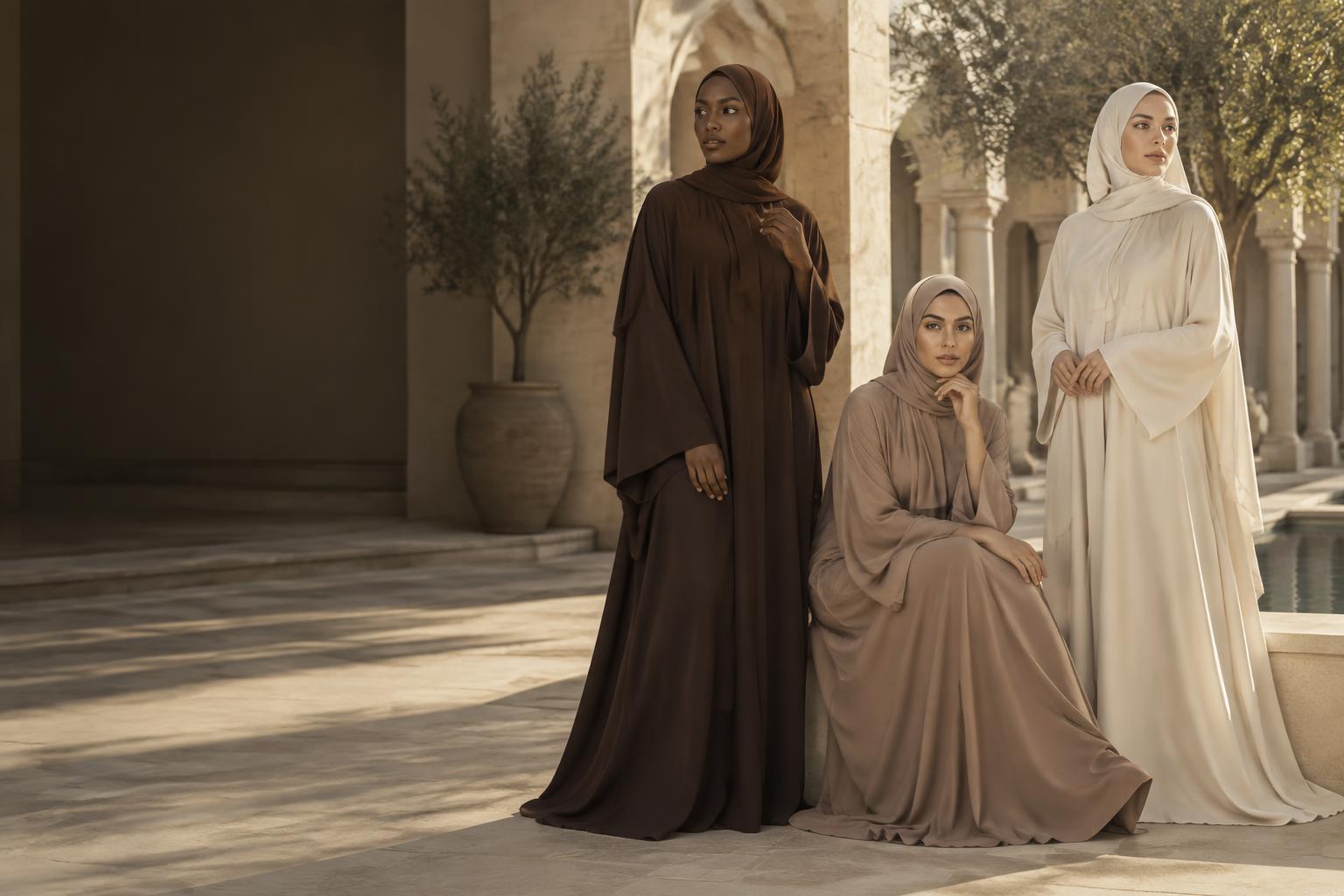 Tre kvinnor i eleganta modest fashion-plagg